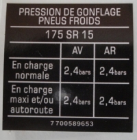 Autocollant pour Renault Estafette "Pression pneu" 175 SR 15.