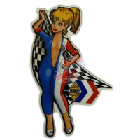 Sticker blonde woman working with Renault logo and checkered flag.