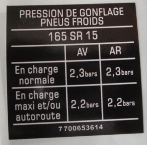 Autocollant Sticker Pression de Gonflage Pneus Froids Renault 5 Turbo